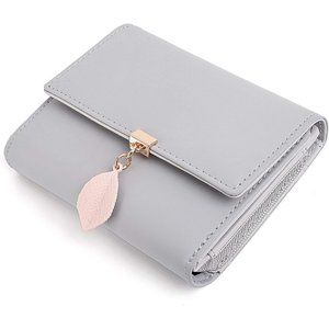 Women Small Grey PU Leather Leaf Pendant Zipper Coin Purse
